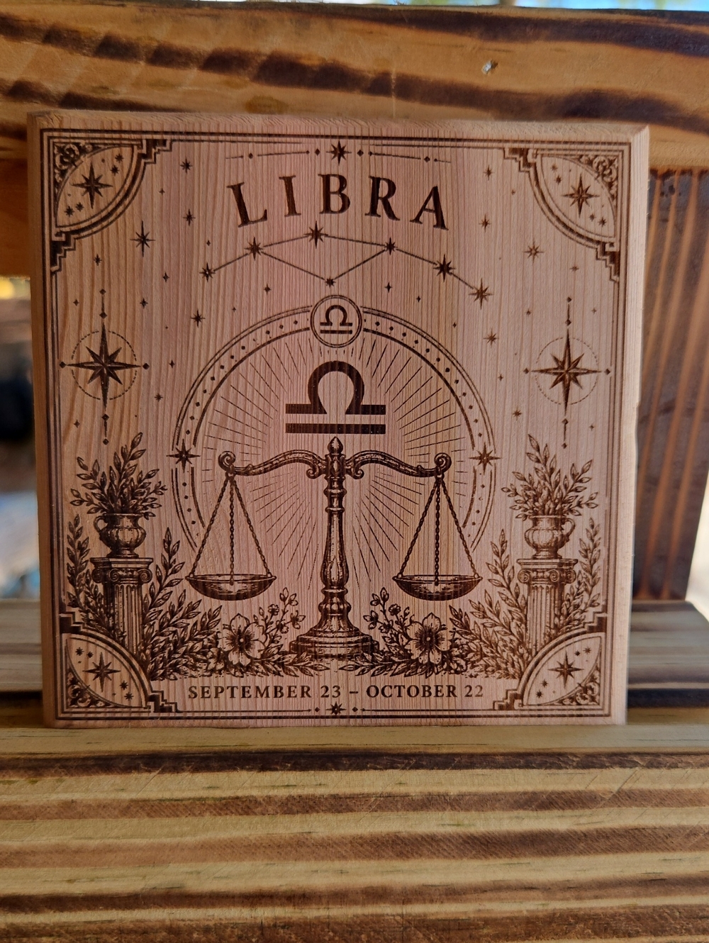Libra Zodiac Wood Plaque Coaster - Natural Brown